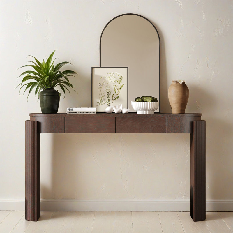 Console d'entrée avec design cannelé - plateau ovale et 2 tiroirs, Bois espresso