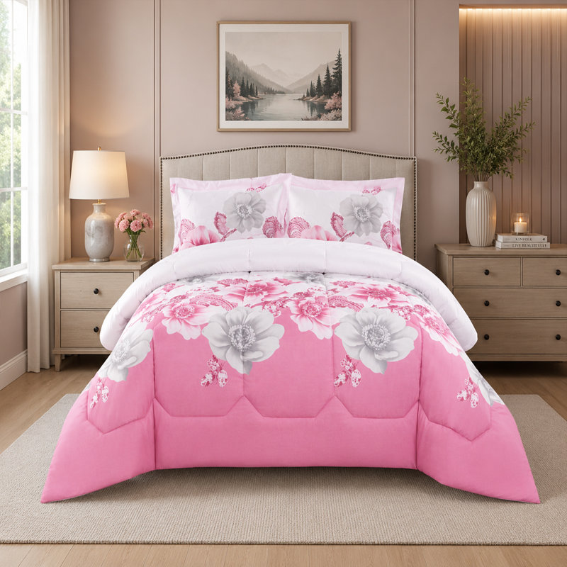 Pink Trendy Printed Bedspread Floral Design Quilted with Pillow Shams, Super King Bedspread + 2 Standard Shams