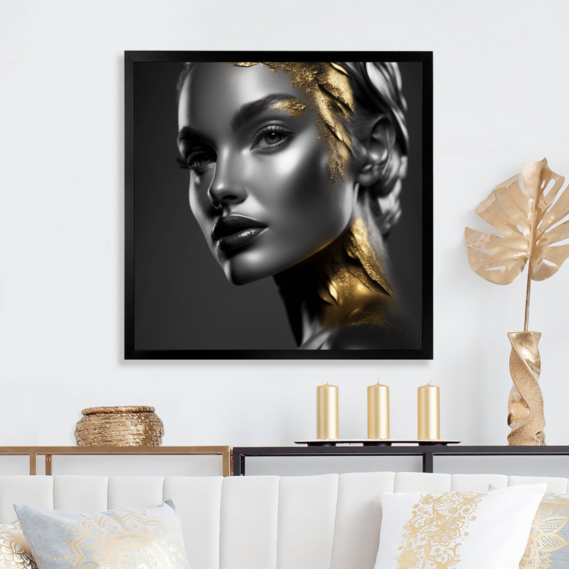 Exquise beauté en noir et or II - reproduction sur toile, H 16 po x l 16 po x P 1 po, Impression noire sur toile encadrée