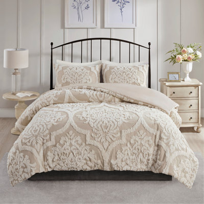 Ensemble d'édredon damassé en coton 3 pièces taupe