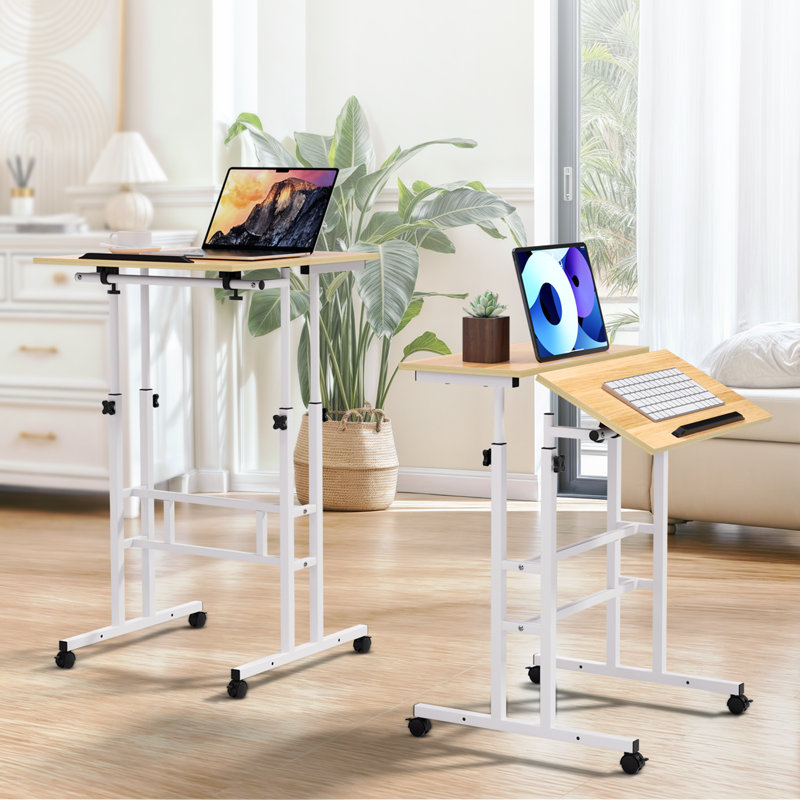 Mobile Computer Desk, Adjustable Height Laptop Standing Desk with Tilting Tabletop and Monitor Shelf, Natural/White