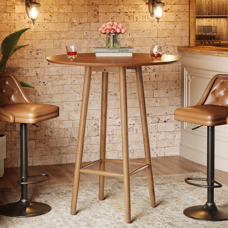 Table de bar ronde 39,37 po, table bistro en bois massif avec cadre robuste