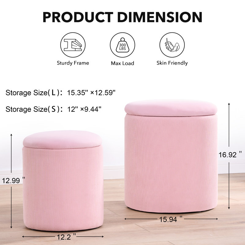 Ensemble de 2 repose-pieds ronds avec rangement, Velours rose