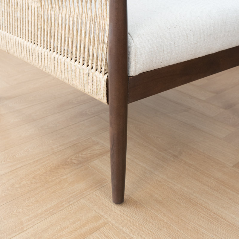 Modern Upholstered Accent Armchair with Paper-Rope Weaving, Beige Linen Fabric, White 
