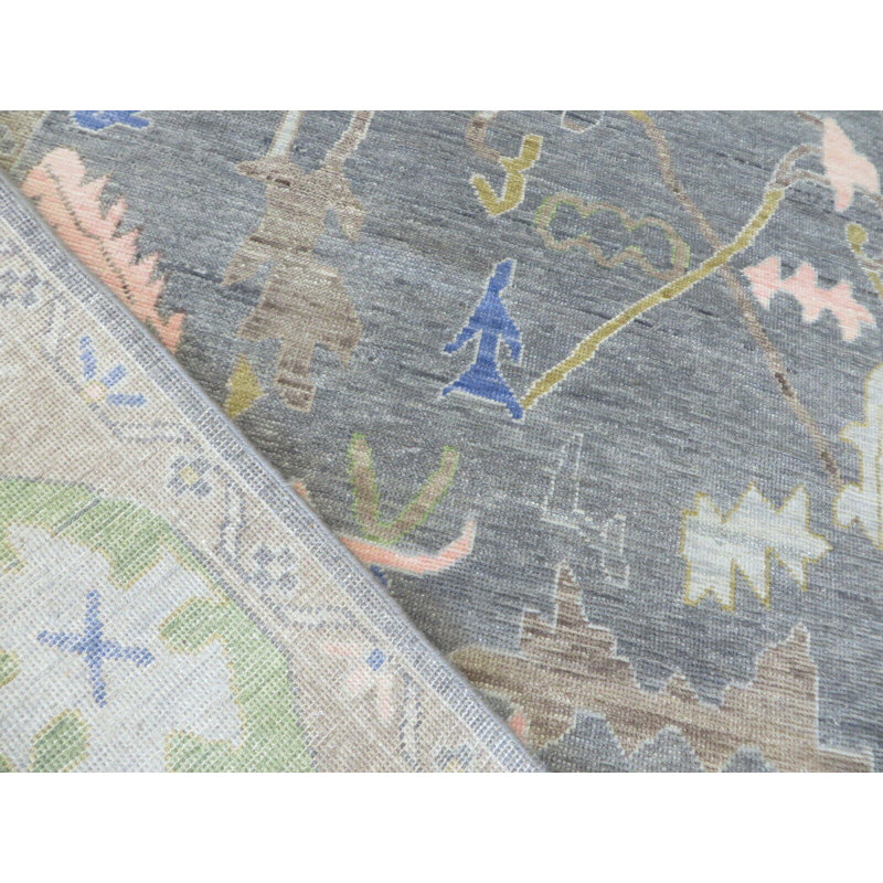 Tapis oriental noué à la main beige / bleu clair / rose Oushak, Rectangle 8 pi 10 po x 11 pi 10 po