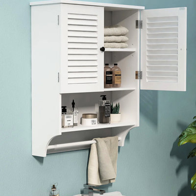 Armoire de salle de bain murale, portes à persiennes, tablette ouverte pour articles de toilette fréquemment utilisés, plan d'organisation pour le linge à tablettes réglables et barre à serviettes, fabriquée à partir d'une tablette pratique,
