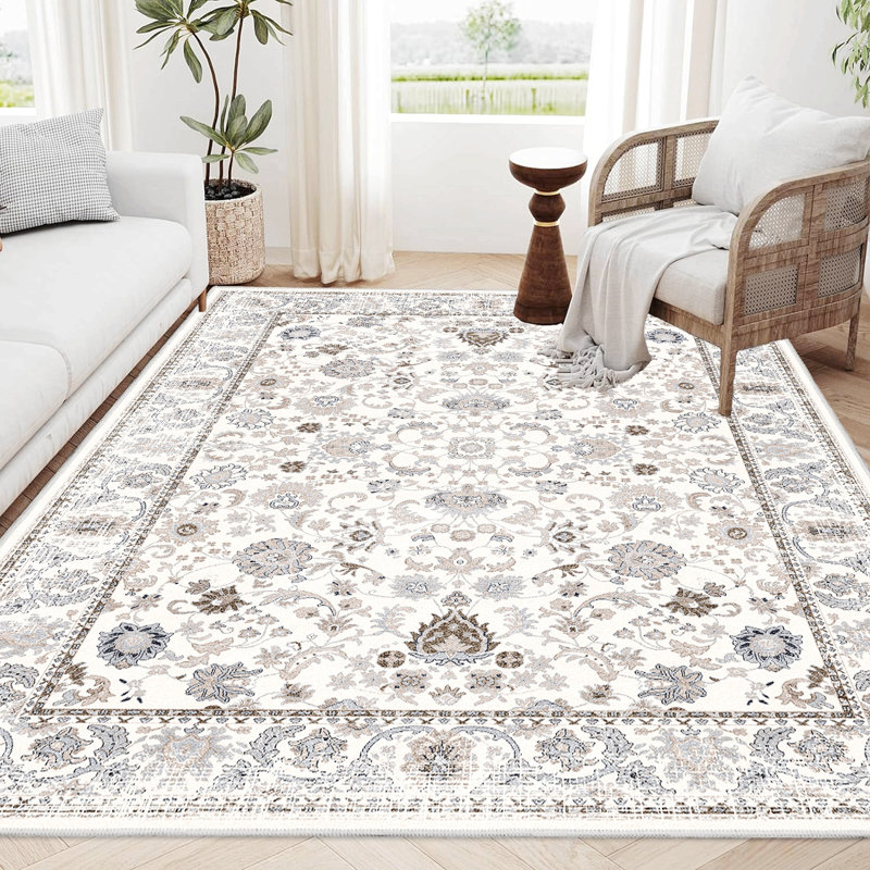 Area Rug,  Vintage Bohemia Non-Slip Washable Rug For Living Room Kitchen Bedroom Living Room Flower Design Light Khaki/Beige