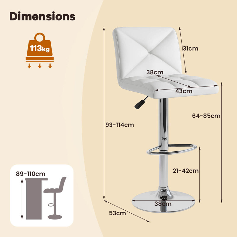 Ensemble de 2 tabourets de bar modernes rembourrés en cuir PU , Blanc