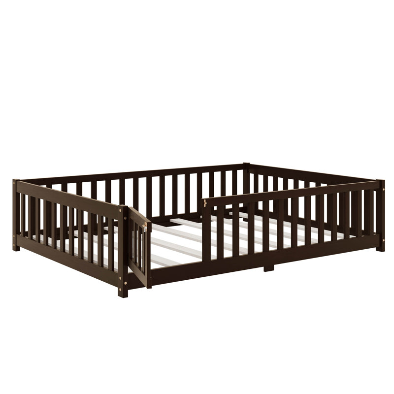 Lit de plancher avec porte, clôture à lattes et garde-corps de sécurité, Double, Espresso