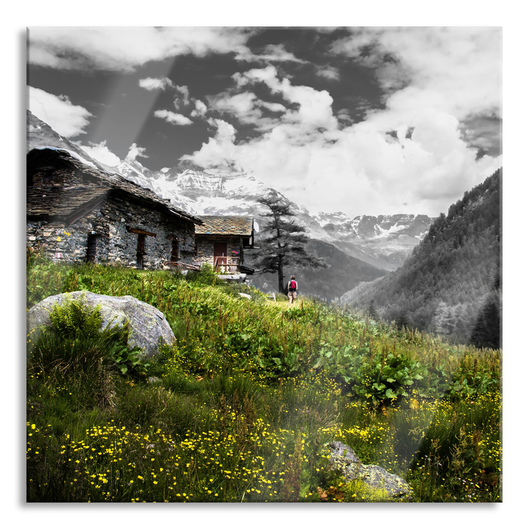 Glasbild Steinhütte auf Berg