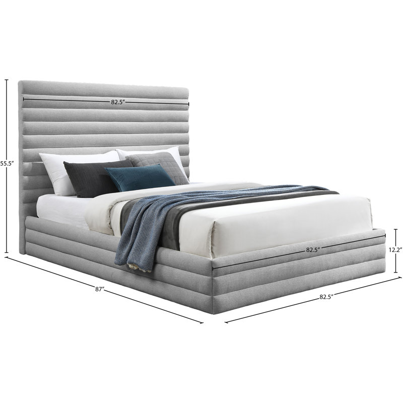 Lit plateforme tapissier Kirol, Très grand, Tissu texturé en lin gris