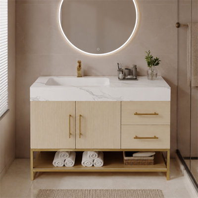 Meuble-lavabo moderne autoportant de 91 cm (36 po), comptoir en pierre frittée avec lavabo en céramique intégrée sans joint, armoire en bois multicouche imperméable, pieds en acier inoxydable doré, porte, tiroirs et tablette ouverte, ensemble de vidange complet, robinetterie et miroir non inclus