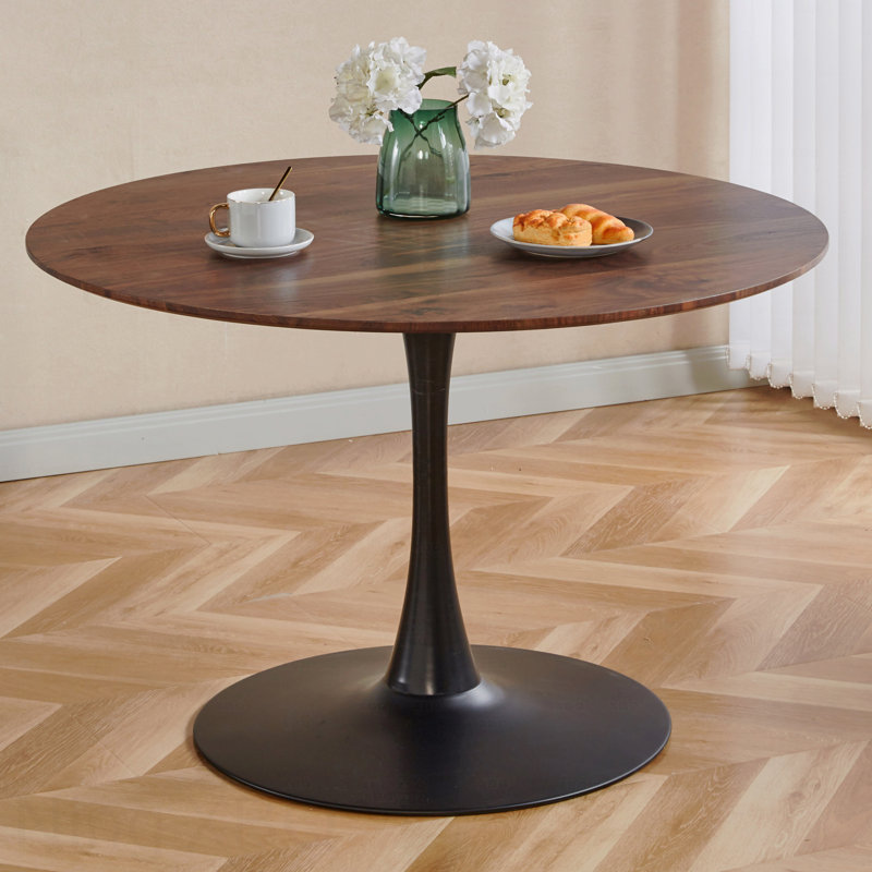 42.1" Round Tulip Dining Table Mid-Century Mdf Top 4-6 Person Pedestal, Walnut, Black