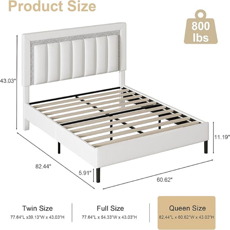 Diamond Tufted Upholstered Platform Bed Frame  with  Matching LED Nightstands Bedroom Set, Queen, White
