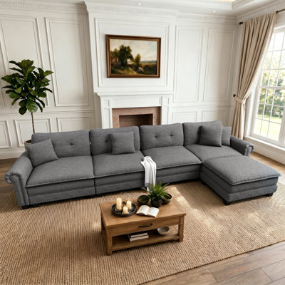 158" Modern Modular Sectional Sofa With Nailhead Trim, Oversized L Shaped Couches With Ottoman, 5-seater Deep Seat Sofa With Throw Pillow