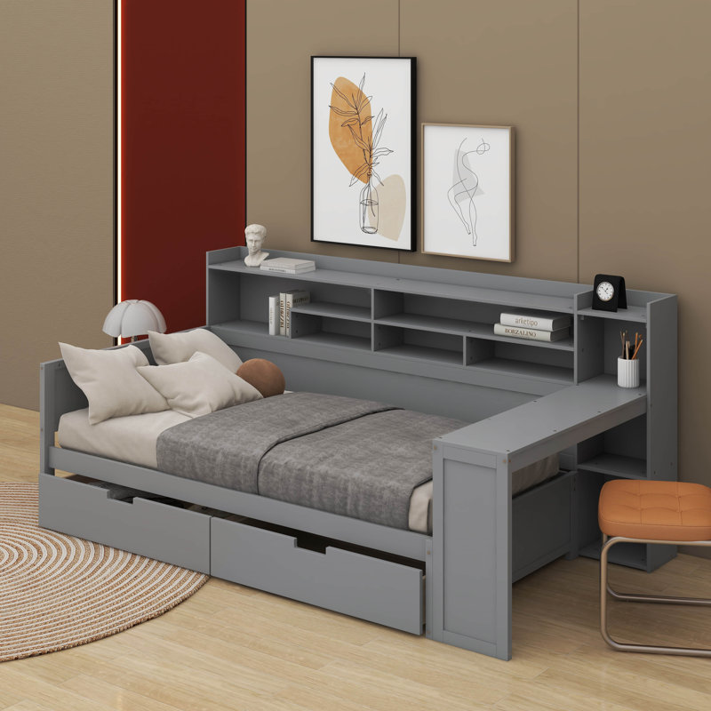 Lit de jour en bois avec tablettes de rangement, lit multifonctionnel avec deux tiroirs de rangement et bureau d'étude
