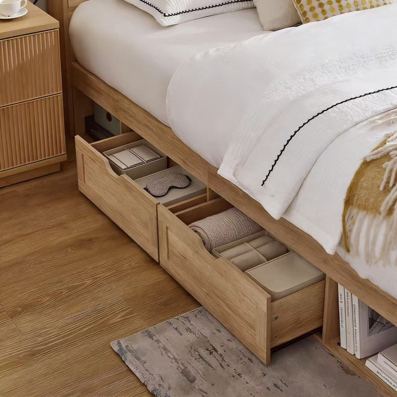 Farmhouse King Size Bed Frame With Led Light And Charging Station,Wooden Bed Frame With 52" High Storage Bookcase Headboard And 4 Drawers