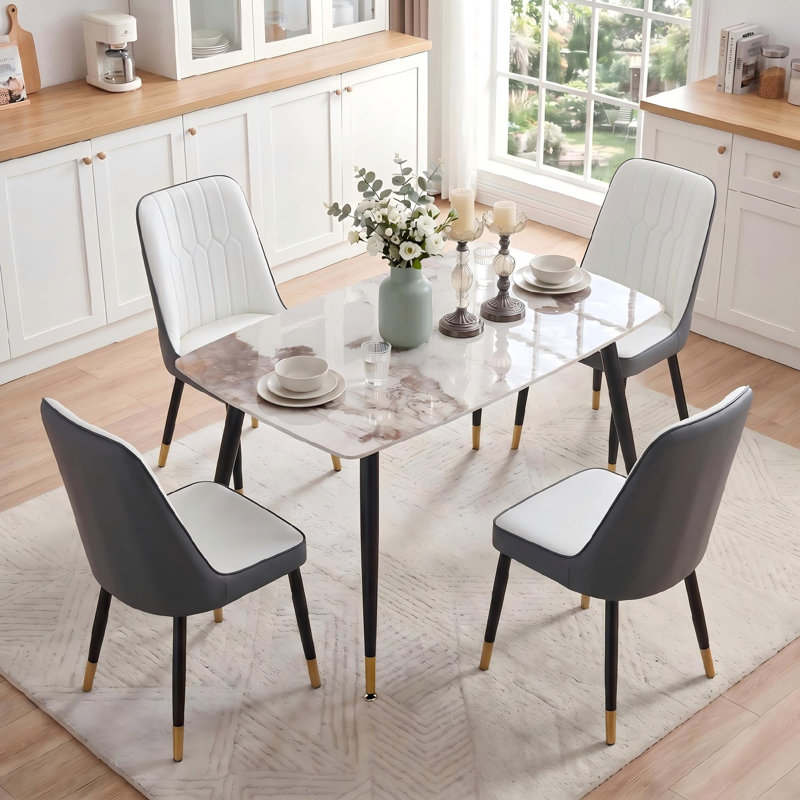 Ensemble de table de salle à manger en marbre pour 4, table de salle à manger moderne 5 pièces avec chaises en cuir de polyuréthane, ensemble de table de cuisine minimaliste pour appartement et petits espaces