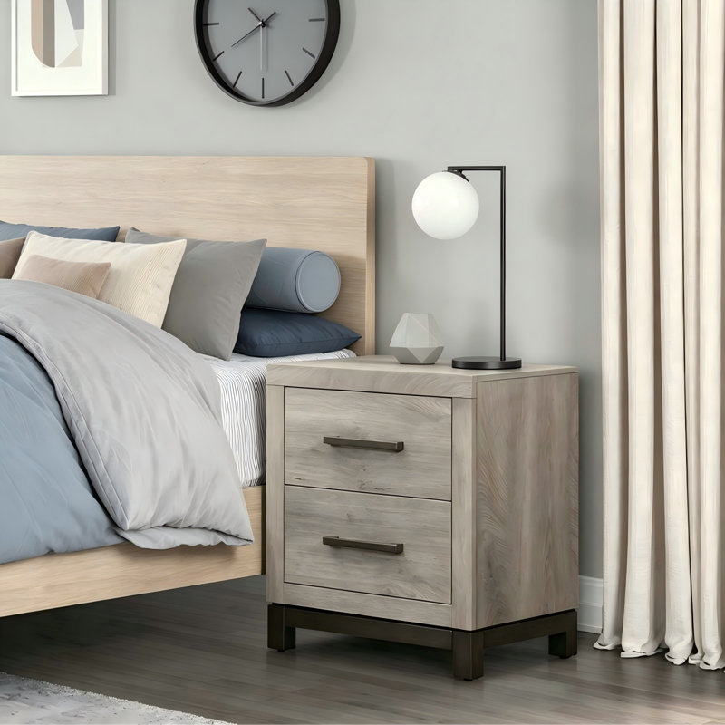 Table de chevet grise à 2 tiroirs, table de chevet moderne en bois avec poignées en métal, mobilier de rangement en mélamine