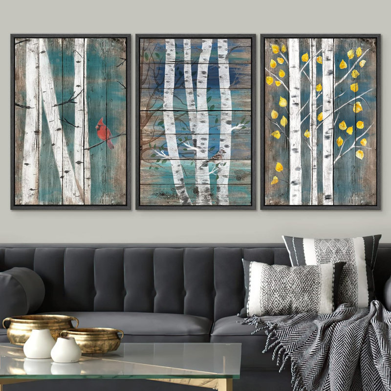 "Aspen Birch Birch Trees" sur fond de bois, reproduction sur toile 3 pièces, Noir, H 24 po x l 48 po x P 1,5 po