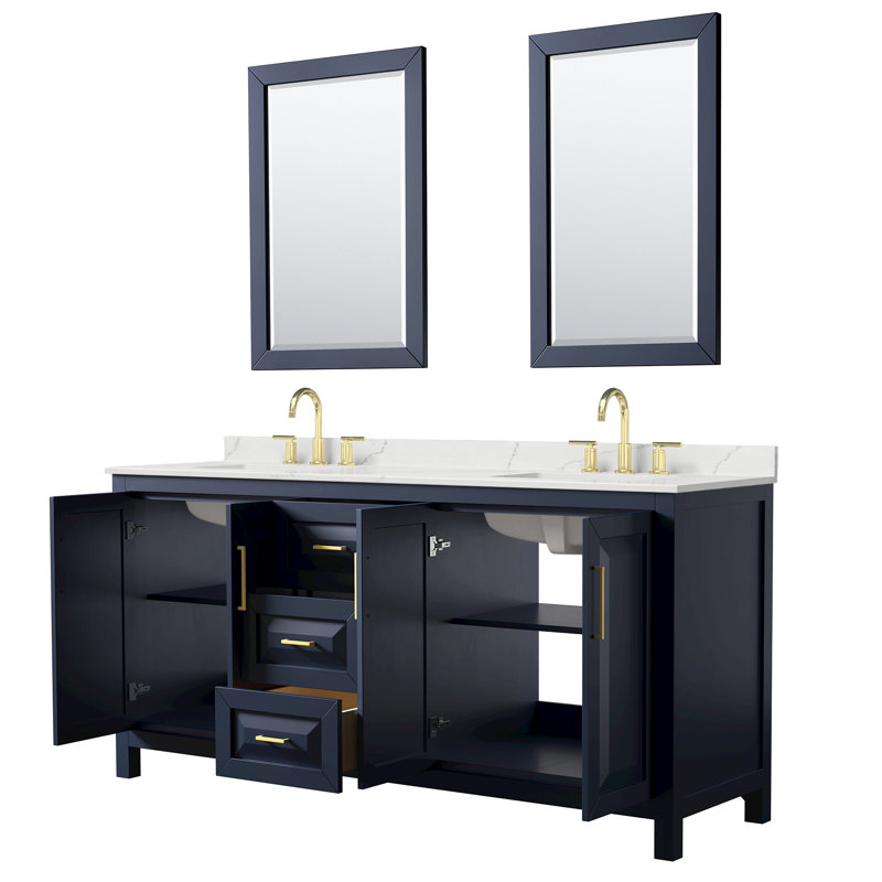 Daria 72'' W Vanity, White Quartz, Blue, Brushed Gold