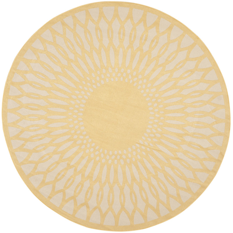 Tapis d'intérieur / extérieur rond tissé à la main à motif géométrique Anelly - jaune / gris, Rond 7 pi 10 po