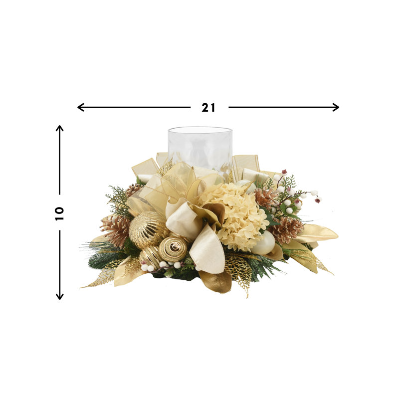 Holiday Candleholder Centerpiece with Hydrangeas, Ornaments and Bows