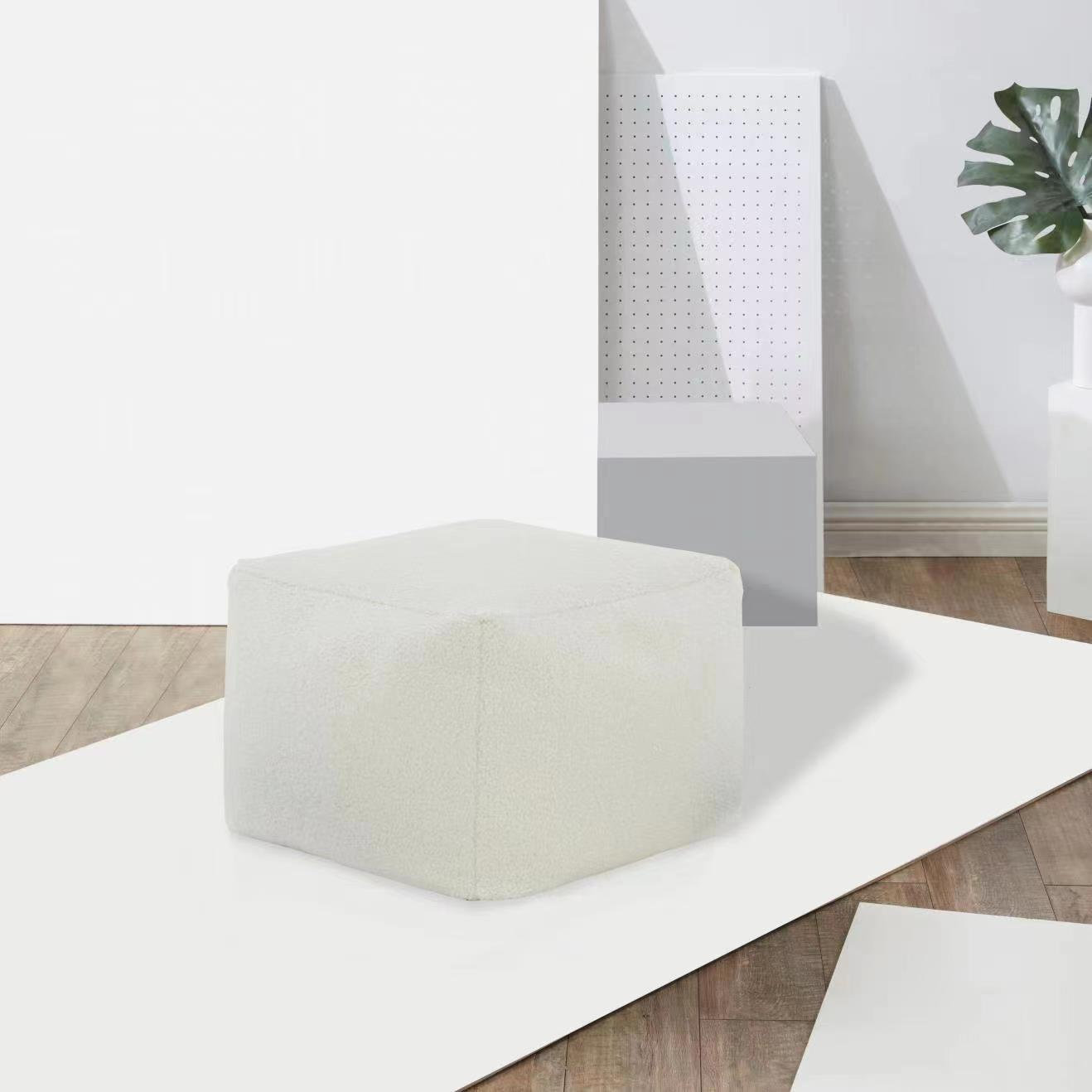 Inaki Upholstered Pouf, White Faux Lams Wool