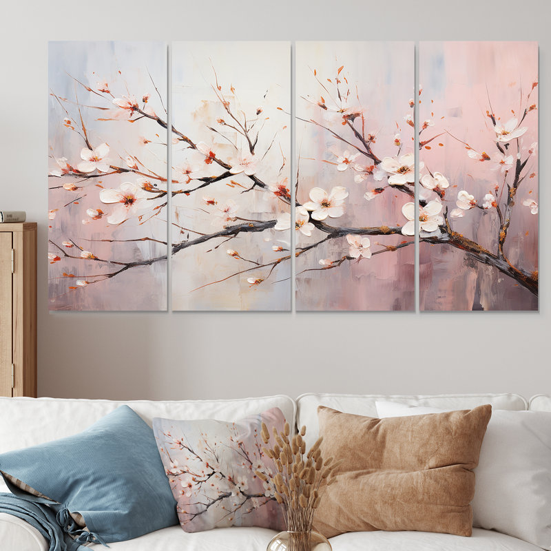 Arbre de fleurs de cerisier rose et blanc II - cerisier, 4 pièces, H 32 po x l 64 po