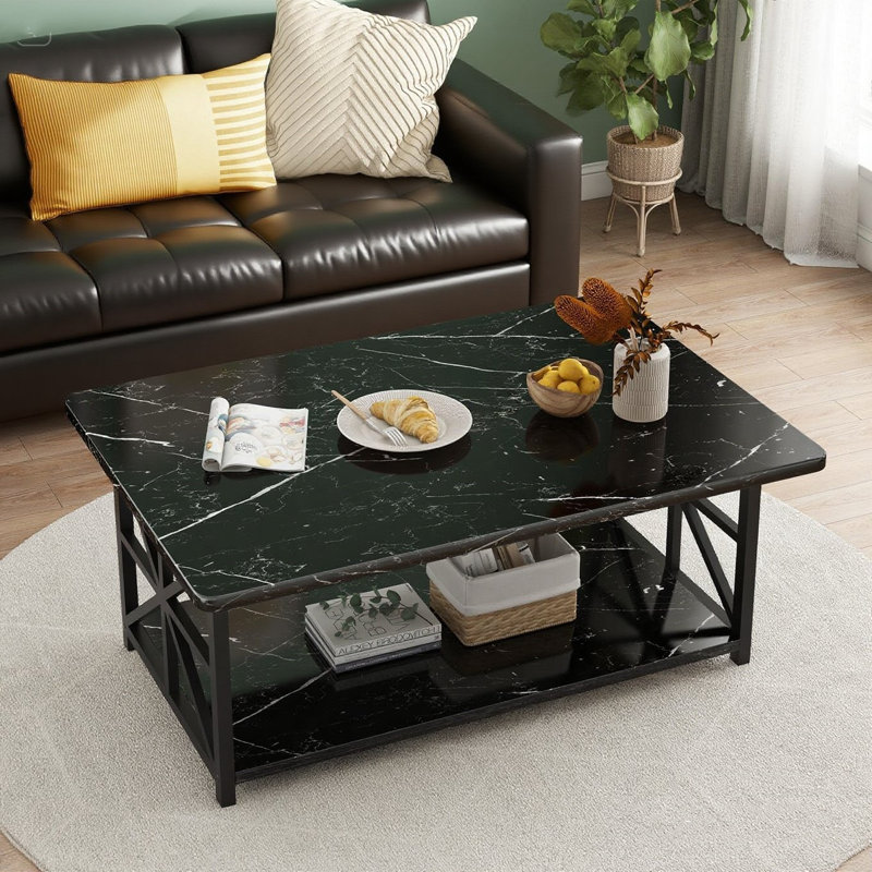 Table basse moderne de style industriel avec cadre, table de salon à 2 niveaux avec tablette de rangement, table centrale rectangulaire pour le salon, style moderne, salon, bureau, balcon