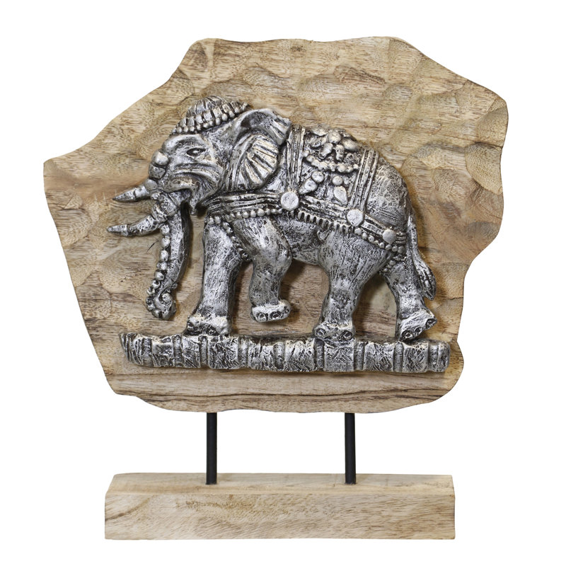 Wood Antique Silver Elephant On Stand - Natural