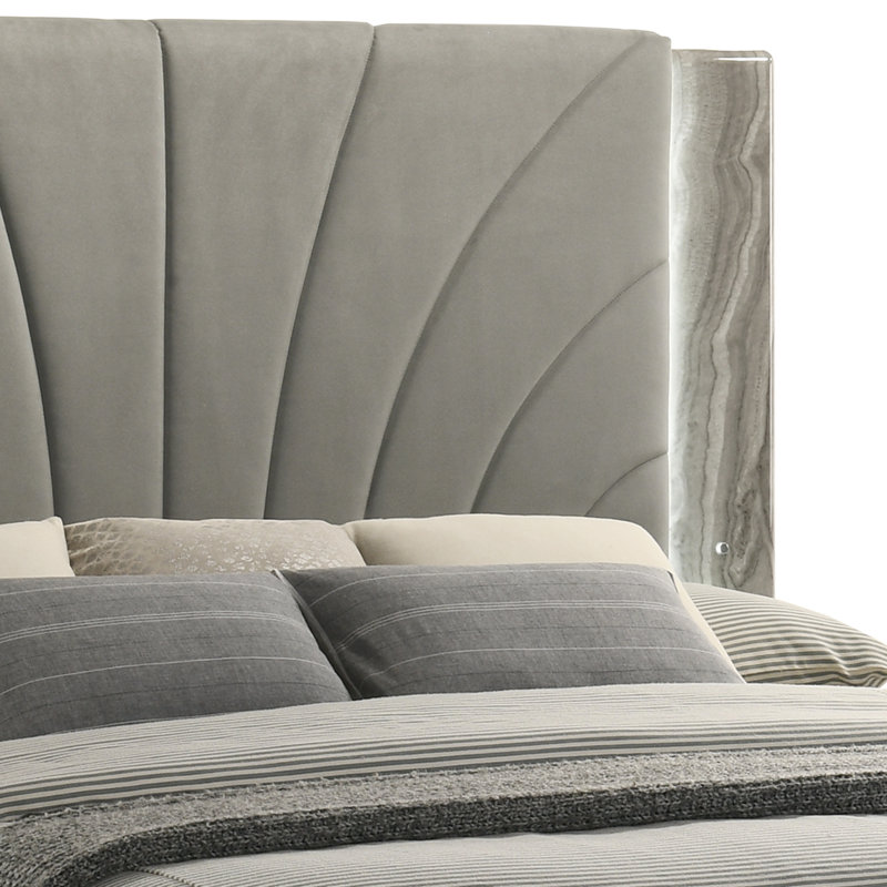 Grand lit plateforme à DEL Monaco avec tête de lit tapissier capitonnée et accents en marbre gris, Queen