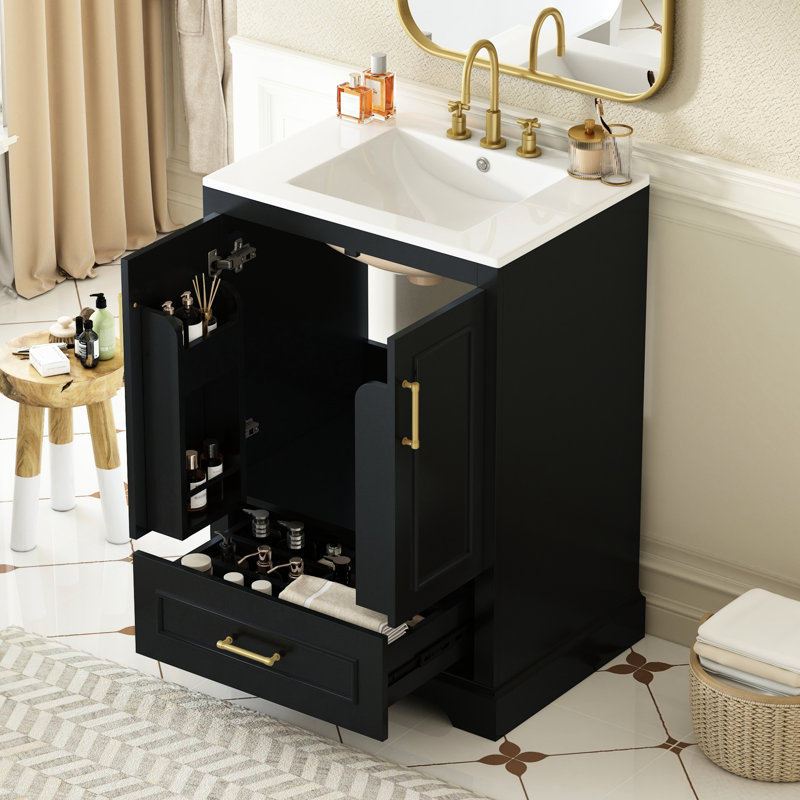 Meuble-lavabo moderne de 24 po avec lavabo en céramique, porte à fermeture en douceur, tablettes doubles sur la porte, tiroir divisé et fabrication en bois massif pour une cloison de tiroir autoportante fonctionnelle de 24 po, deux