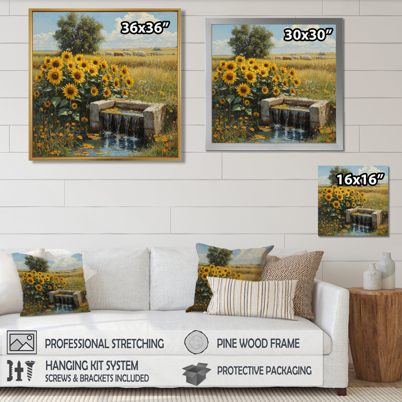 Donjay tournesols près de l'eau Trough I - tournesols, art mural, Toile tendue, Ne s’applique pas, H 30 po x l 30 po