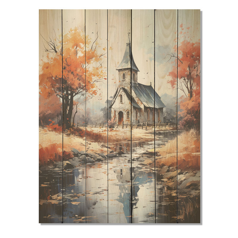 «Countryside Chapel In USA III» - Église sur impression sur bois, H 20 po x l 10 po