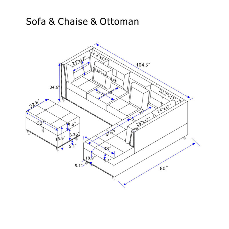104.5" Upholstered Sofa,Chaise & Ottoman