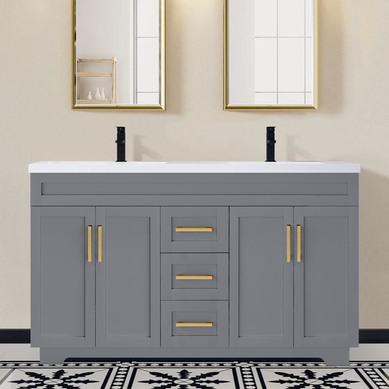 Meuble-lavabo rustique 60 po avec comptoir en résine et lavabo , Gris/doré