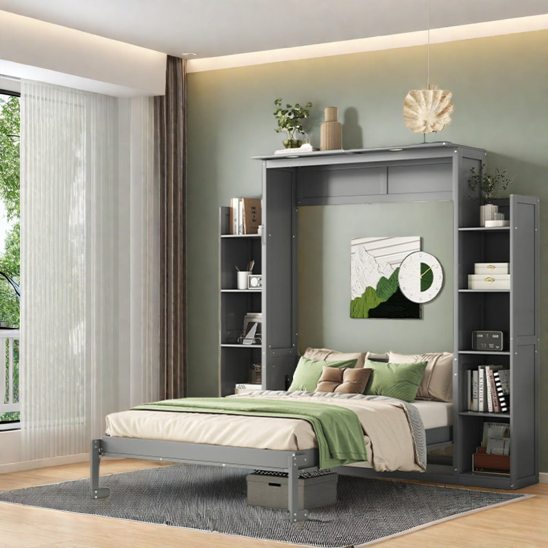 Lits escamotables gris pleine grandeur peu encombrants, bois massif avec lumières DEL