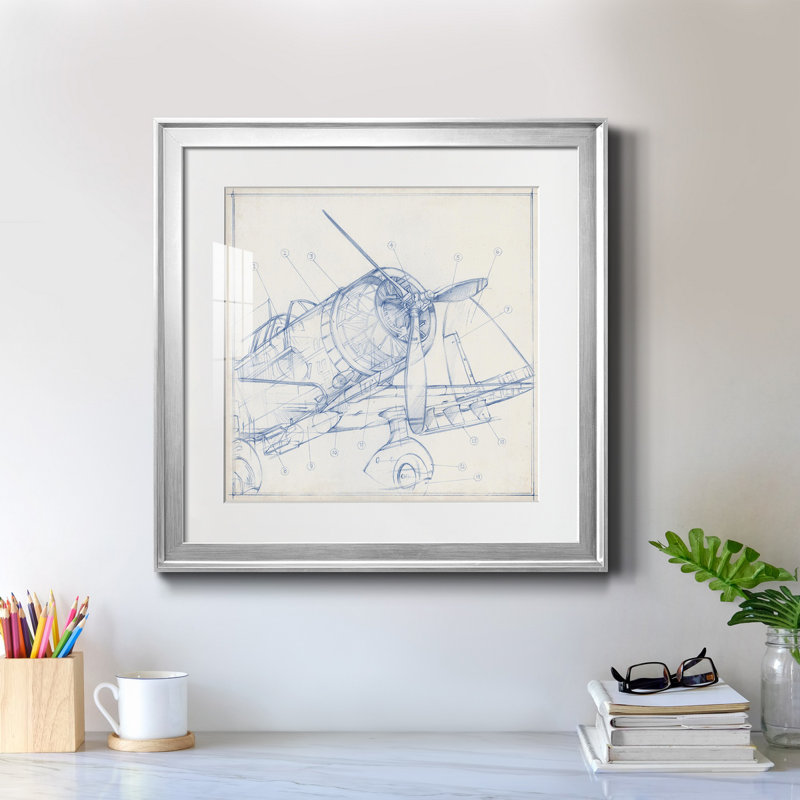 Croquis mécanique d'avion I-Premium, reproduction encadrée - prêt à être accroché, H 30,5 po x l 30,5 po x P 1,5 po, Blanc