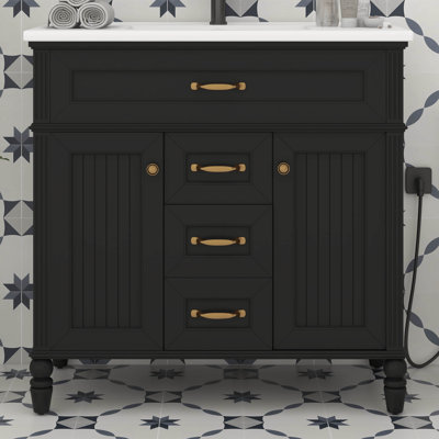 Meuble-lavabo 36 po avec lavabo, meuble-lavabo simple avec tiroir supérieur rabattable, portes à fermeture en douceur, 2 tiroirs de rangement