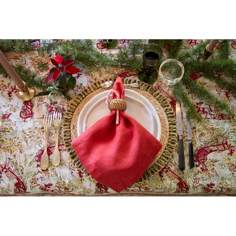 Renne Handmade Floral Tablecloth, 142" x 71", Green/Red