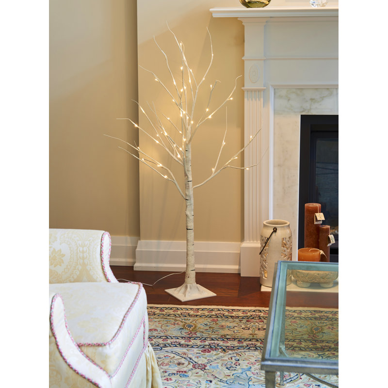 Birch Tree On Metal Base In/Outdoor with LED Lights with 8 Lighting Modes, 47" H x 7"W x 7" D, Beige