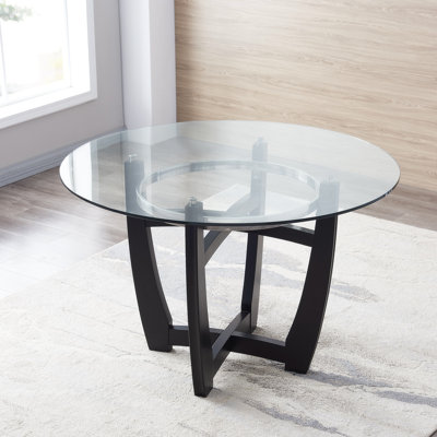 Dragic Round Glass Top Solid Wood Base Dining Table
