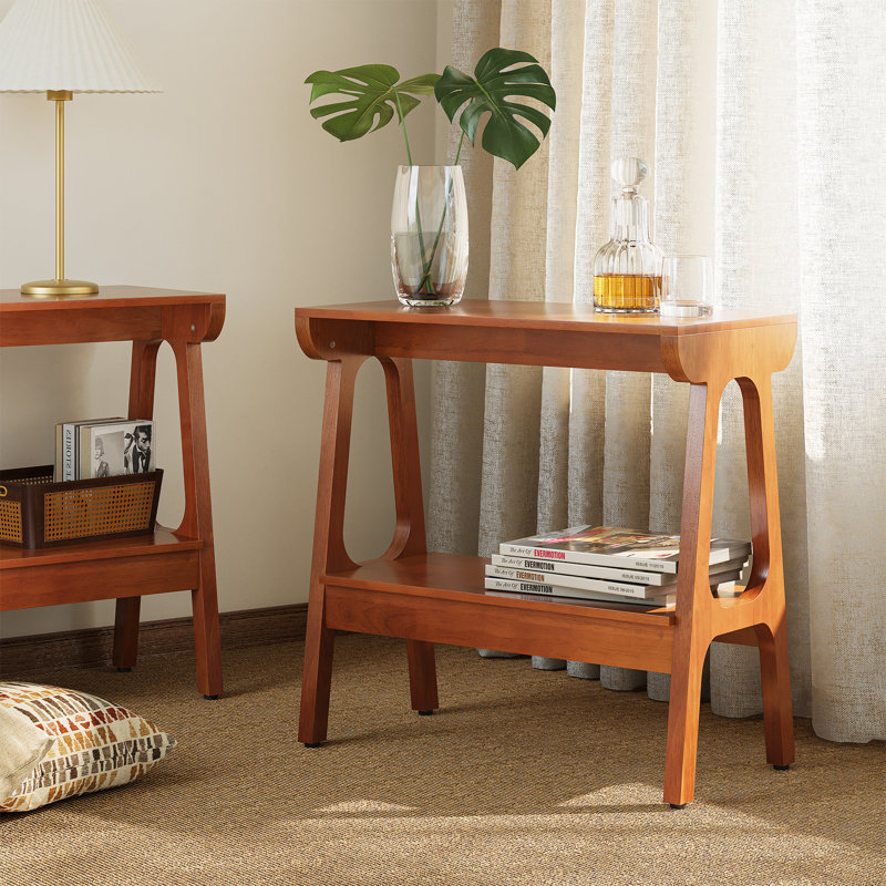 Table de bout étroite en bois massif avec rangement à 2 niveaux