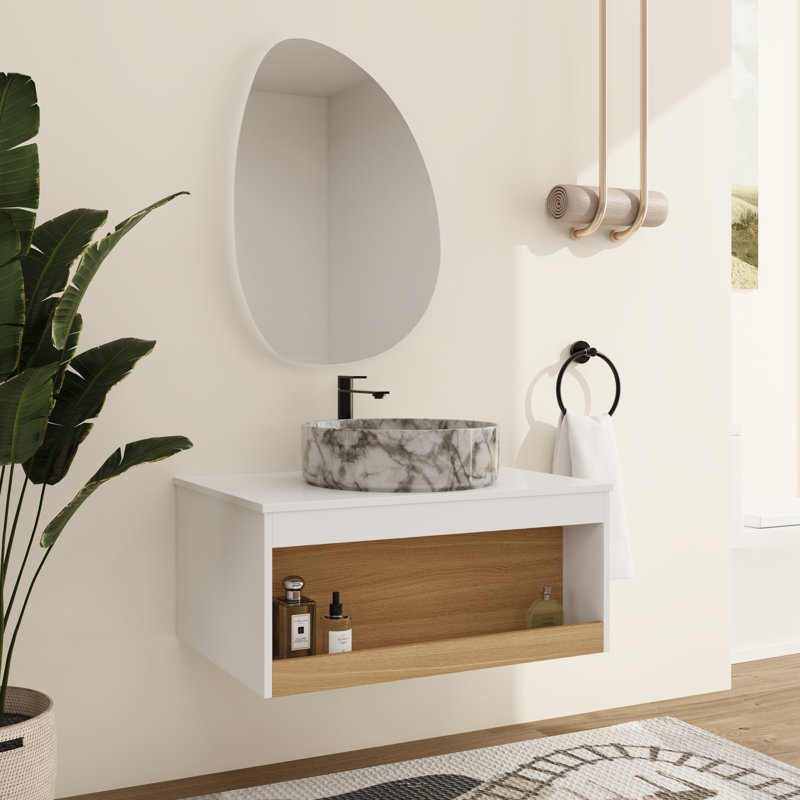 Meuble-lavabo mural moderne 30 po avec lavabo en céramique, tablette ouverte, White with grey patterns
