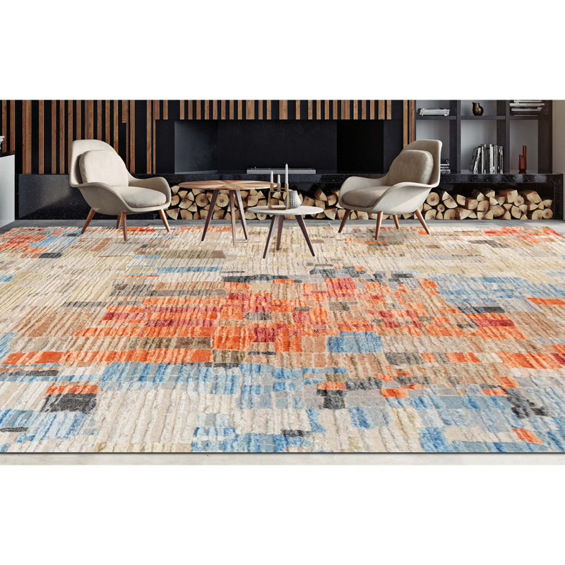 Abstract Area Rug in Orange/Blue/Ivory/Beige, Rectangle 9' x 12'
