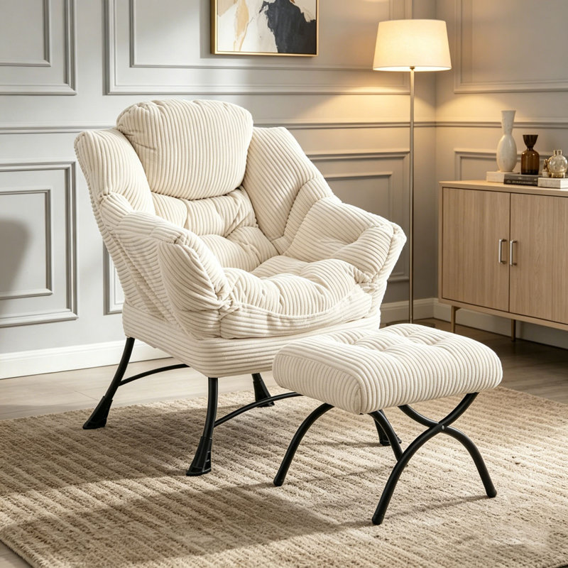 Fauteuil Lazy avec repose-pieds, fauteuil d'appoint moderne avec accoudoirs et poche latérale, Blanc