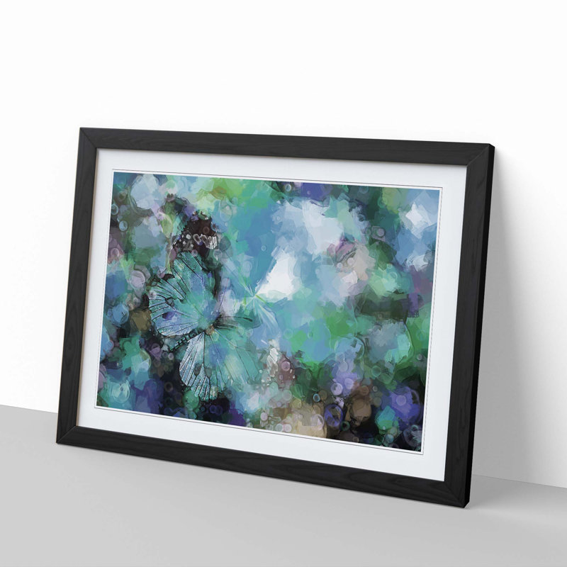 Butterfly upon a Flower in Blue in Abstract - Picture Frame Painting Print, Black Framed, 27cm H x 36cm W x 2cm D