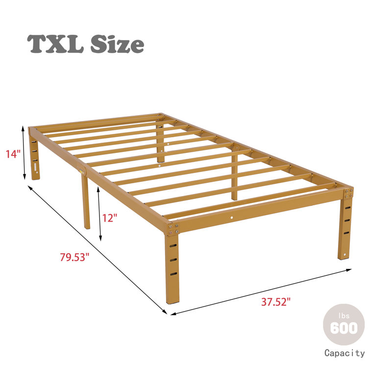 14 Inch Metal Platform Bed Frame, Gold, Twin XL