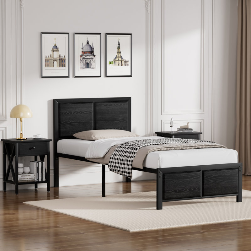 Ensemble de chambre à coucher pour lit simple 3 pièces Kempst, ensemble de lit plateforme et table de chevet en bois moderne, ensemble de mobilier de chambre à coucher industriel de style campagnard en noir, aucun sommier nécessaire
